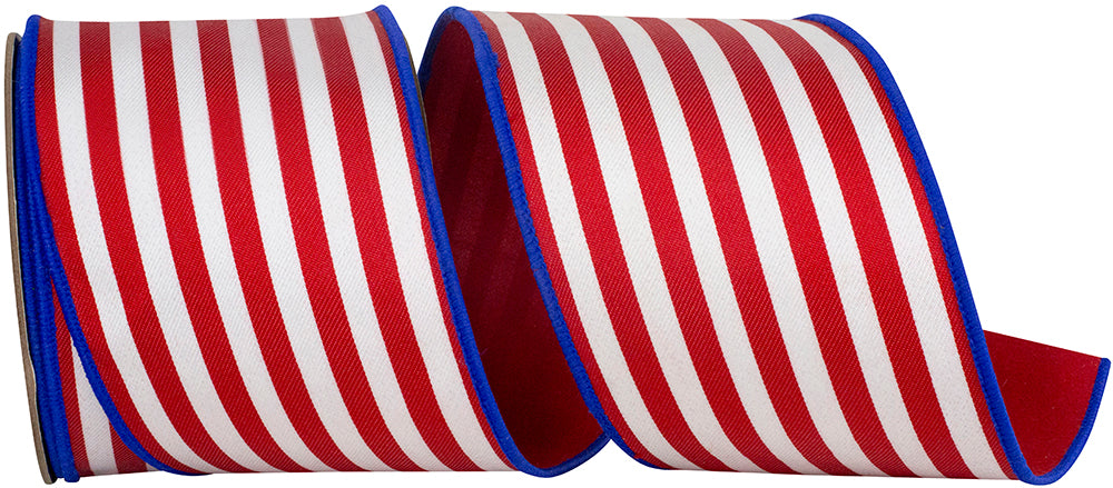 Red Blue 4 Inch Striped Twill Deluxe Dupioni Backed Wired Edge Ribbon for Wreaths & Bows