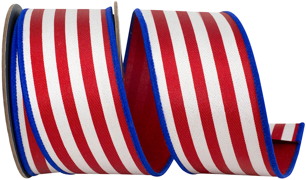 Red Blue 2-1 2 Inch Striped Twill Deluxe Dupioni Backed Wired Edge Ribbon for Wreaths & Bows