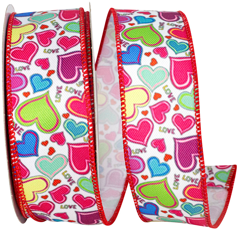 Multi 1-1 2 Inch Hearts & Love Multi Color Twill Wired Edge Ribbon for Wreaths & Bows