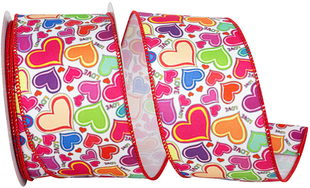 Multi 2-1 2 Inch Hearts & Love Multi Color Twill Wired Edge Ribbon for Wreaths & Bows
