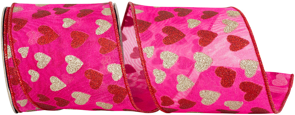 Glitter Hearts Silk Mesh Ribbon Red Fucshia 4 Inch 10 Yards