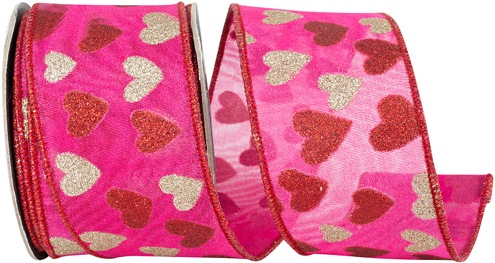 Glitter Hearts Silk Mesh Ribbon Red Fucshia 2-1/2 Inch