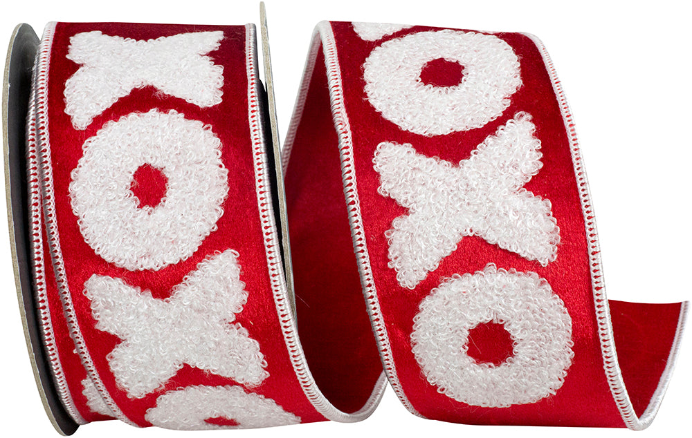 Red White 2-1 2 Inch Xoxo Velvet Love Plush Embroidery Deluxe Dupioni Backed Wired Edge Ribbon for Wreaths & Bows