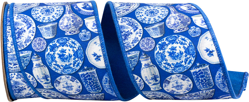 Porcelain 4 Inch Terra Cotta Ceramics Chinoiserie Twill Deluxe Dupioni Backed Wired Edge Ribbon for Wreaths & Bows