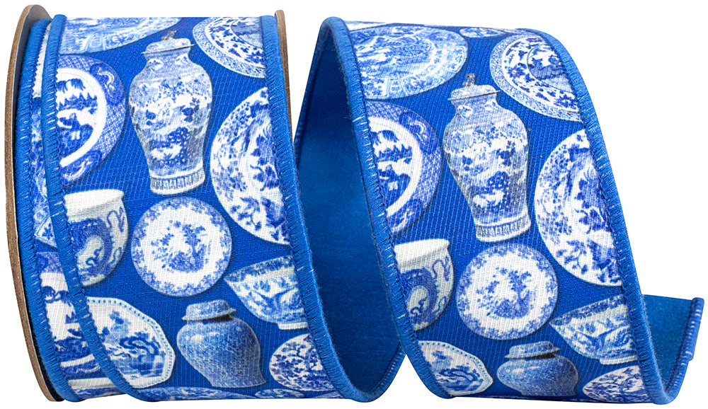 Porcelain 2-1 2 Inch Terra Cotta Ceramics Chinoiserie Twill Deluxe Dupioni Backed Wired Edge Ribbon for Wreaths & Bows