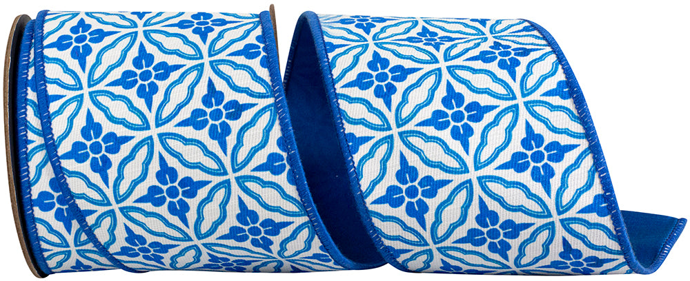 Porcelain 4 Inch Amalfi Designer Blues Chinoiserie Twill Deluxe Dupioni Backed Wired Edge Ribbon for Wreaths & Bows