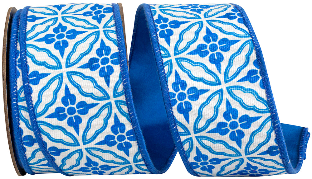 Porcelain 2-1 2 Inch Amalfi Designer Blues Chinoiserie Twill Deluxe Dupioni Backed Wired Edge Ribbon for Wreaths & Bows