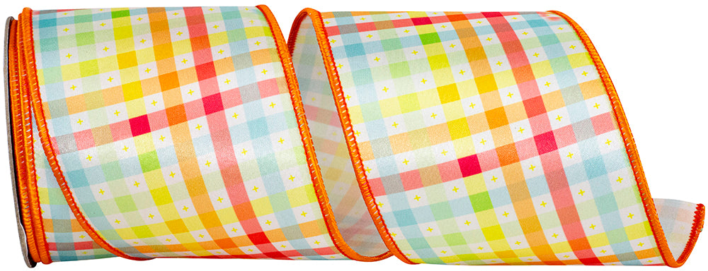 Tangerine 4 Inch Pastel Check Multicolor Deluxe Wired Edge Ribbon for Wreaths & Bows