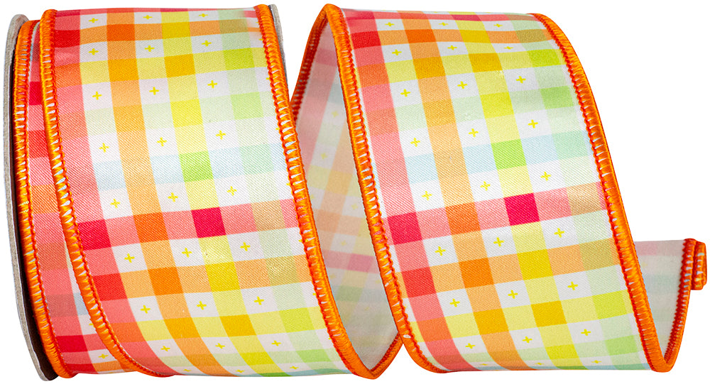 Tangerine 2-1 2 Inch Pastel Check Multicolor Deluxe Wired Edge Ribbon for Wreaths & Bows