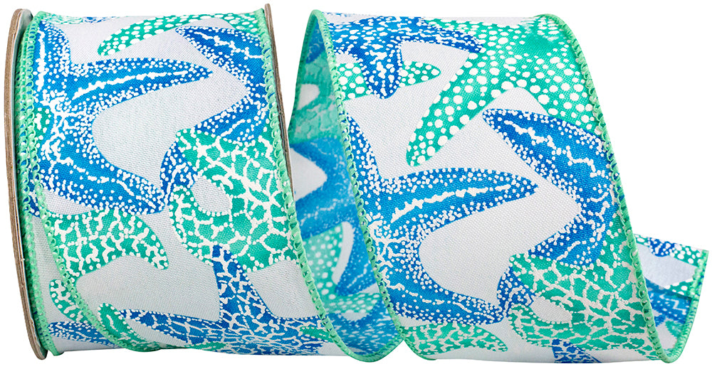 Aqua Wired Edge Ribbon 2-1/2 Inch Starfish Seashore