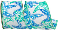 Aqua Wired Edge Ribbon 2-1/2 Inch Starfish Seashore