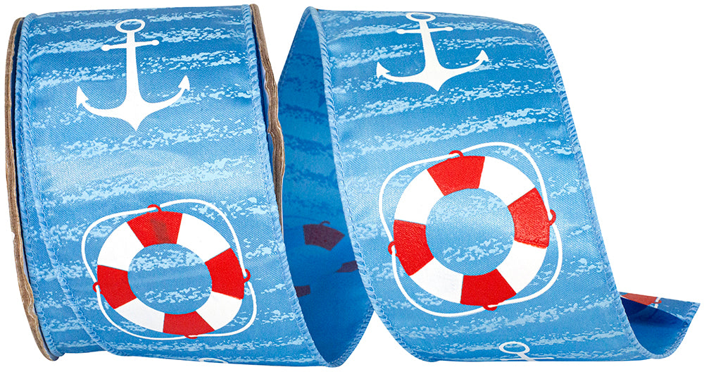 Blue 2-1 2 Inch Anchors And Life Preservers Satin Wired Edge Ribbon for Wreaths & Bows
