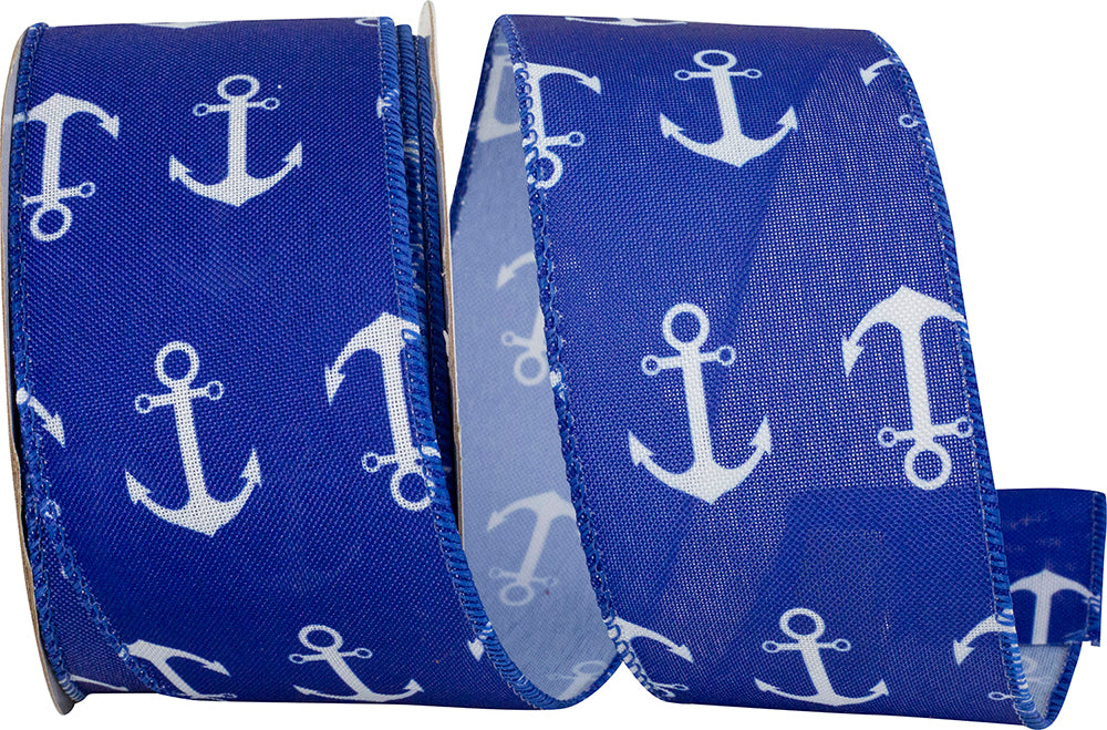 Royal 2-1 2 Inch Anchors Away Linen Wired Edge Ribbon for Wreaths & Bows