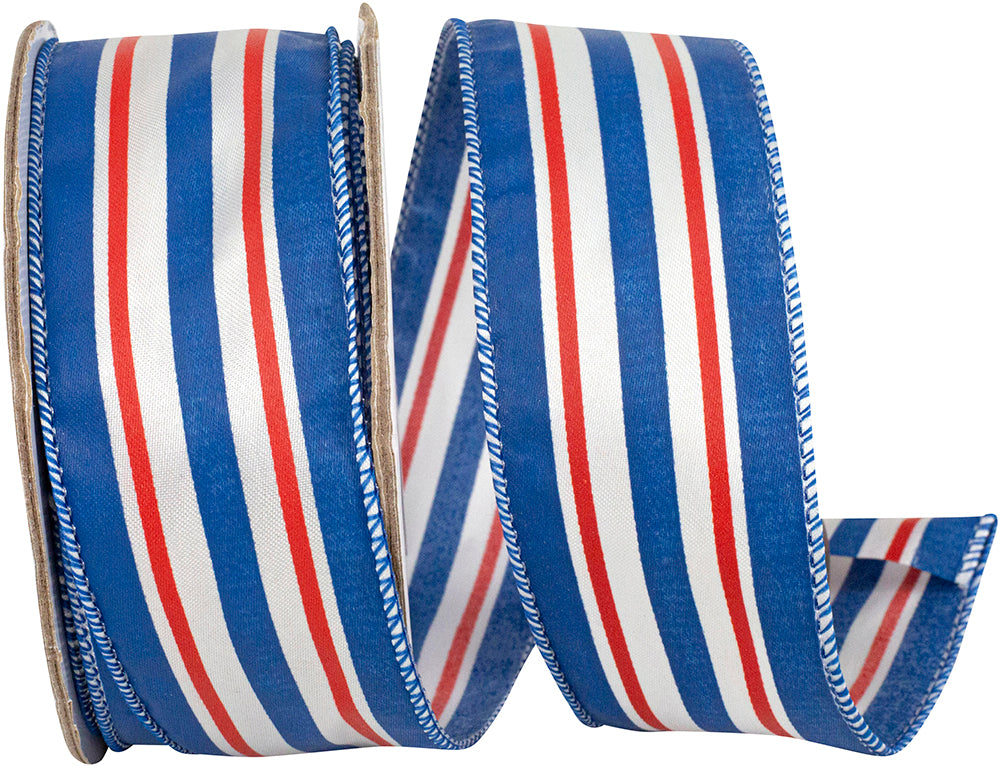 Red White Blue 1-1 2 Inch Red White And Blue Striped Satin Wired Edge Ribbon for Wreaths & Bows