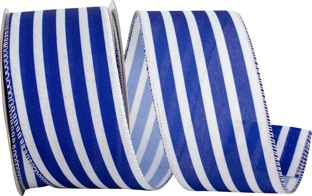 Striped Linen Wired Edge Ribbon Royal White 2-1/2 Inch