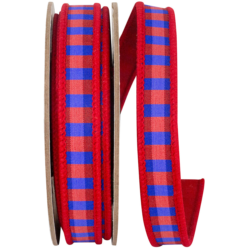 Red Blue 7 8 Inch Red And Blue Check Deluxe Red Dupioni Backed Wired Edge Ribbon for Wreaths & Bows