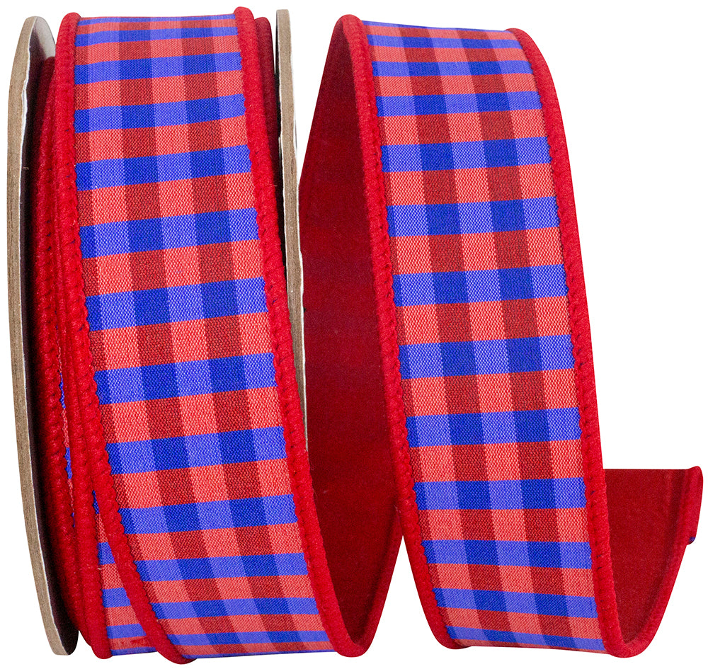 Red Blue 1-1 2 Inch Red And Blue Check Deluxe Red Dupioni Backed Wired Edge Ribbon for Wreaths & Bows