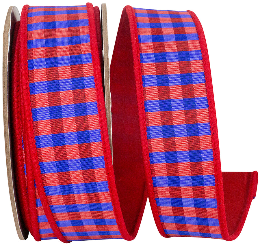 Red Blue 1-1 2 Inch Red And Blue Check Deluxe Red Dupioni Backed Wired Edge Ribbon for Wreaths & Bows