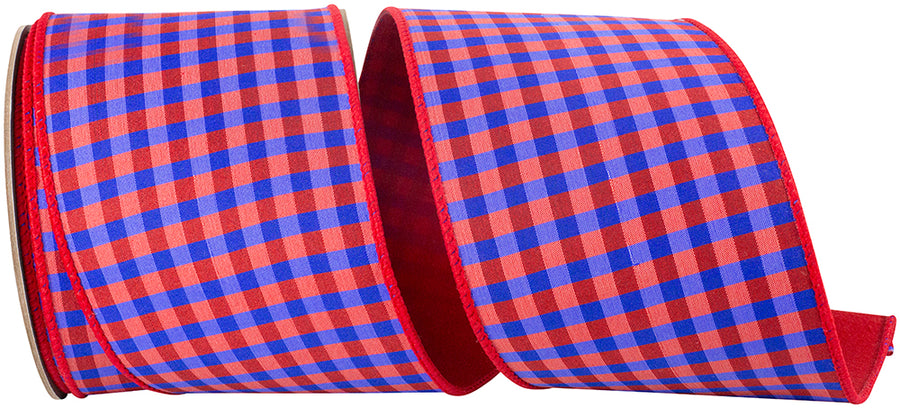 Red Blue 4 Inch Red And Blue Check Deluxe Red Dupioni Backed Wired Edge Ribbon for Wreaths & Bows