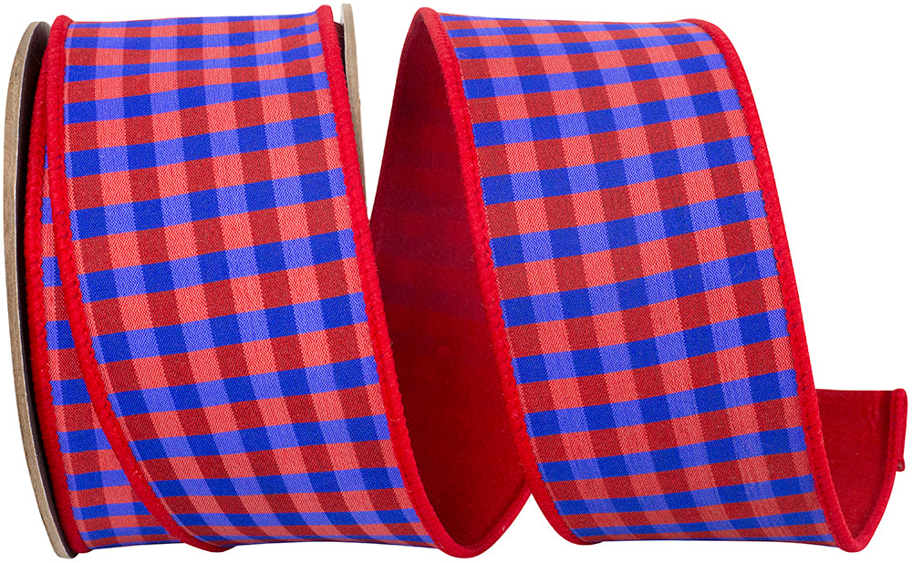 Red Blue 2-1 2 Inch Red And Blue Check Deluxe Red Dupioni Backed Wired Edge Ribbon for Wreaths & Bows
