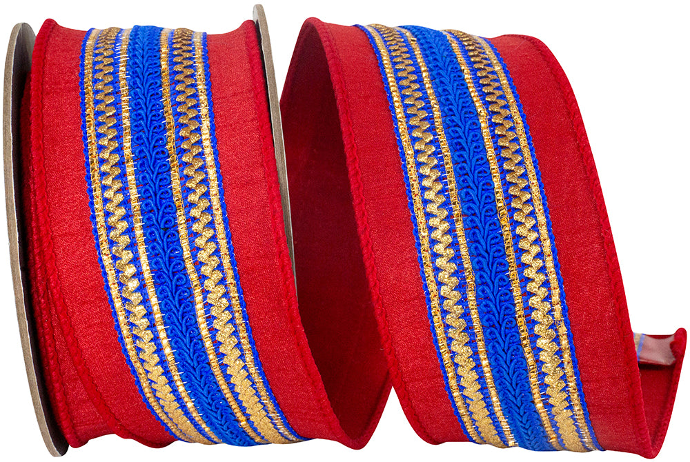 Red Blue 2-1 2 Inch Regal Stripe Red Trimming Dupioni Deluxe Wired Edge Ribbon for Wreaths & Bows