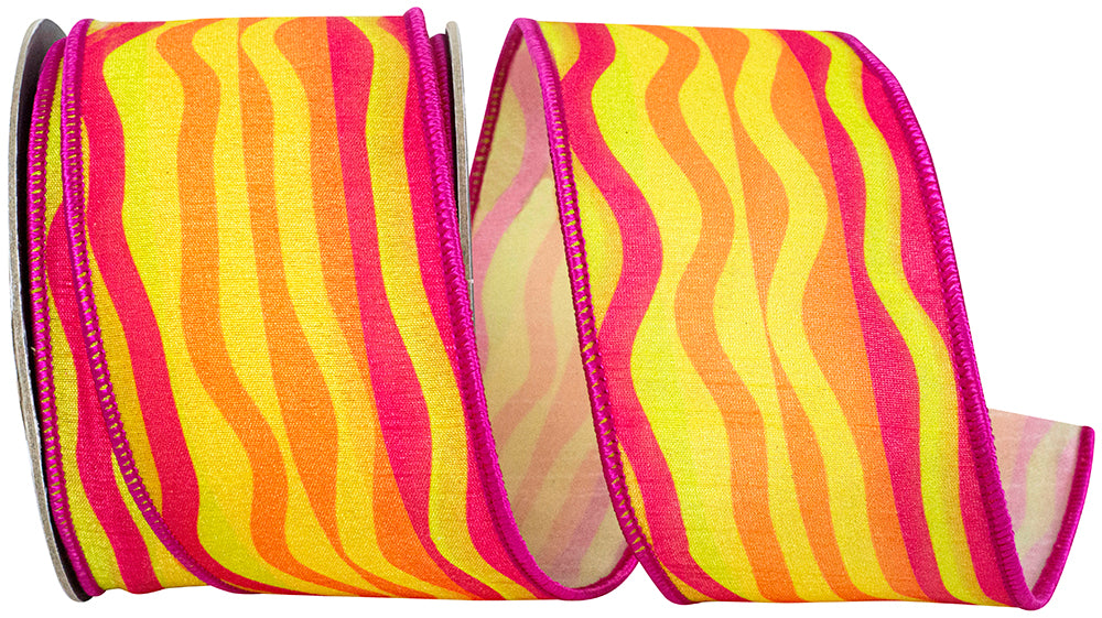 Wavy Stripes Yellow Fuchsia Wired Edge Ribbon 2-1/2 Inch
