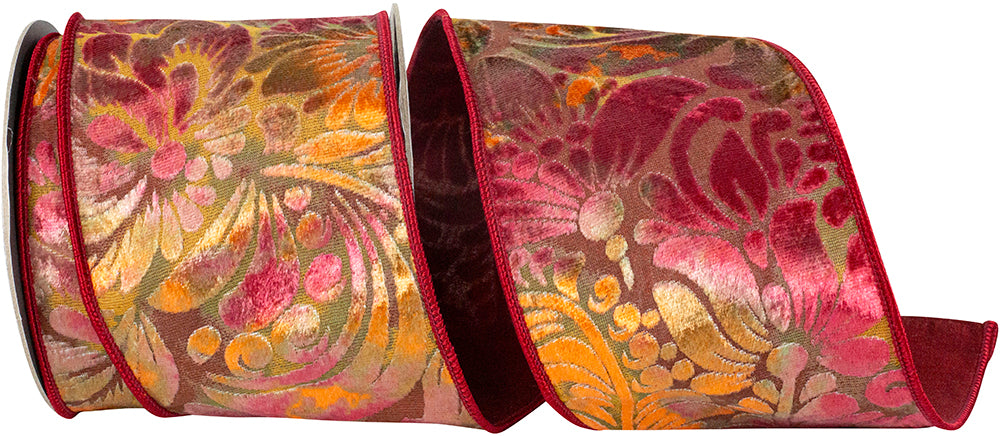 Rust 4 Inch Grand Floral Velvet Burn Out Deluxe Dupioni Backed Wired Edge Ribbon for Wreaths & Bows