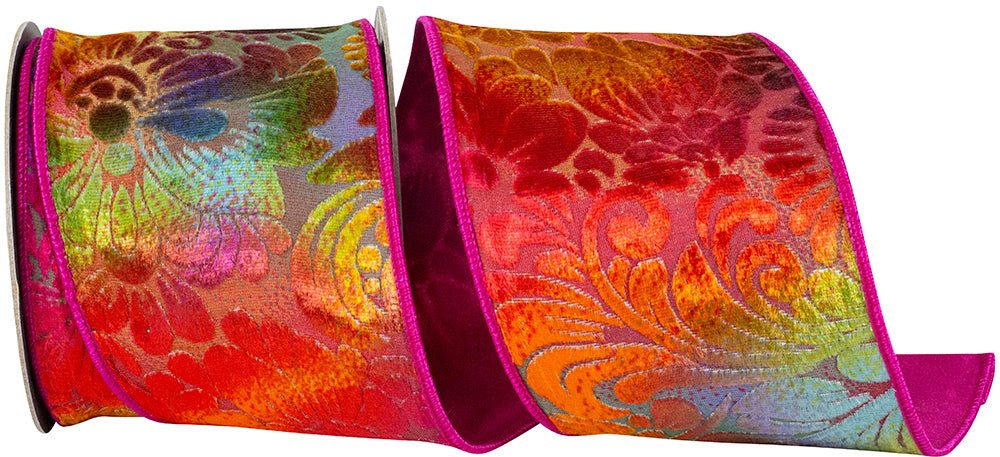 Fuchsia 4 Inch Grand Floral Velvet Burn Out Deluxe Dupioni Backed Wired Edge Ribbon for Wreaths & Bows