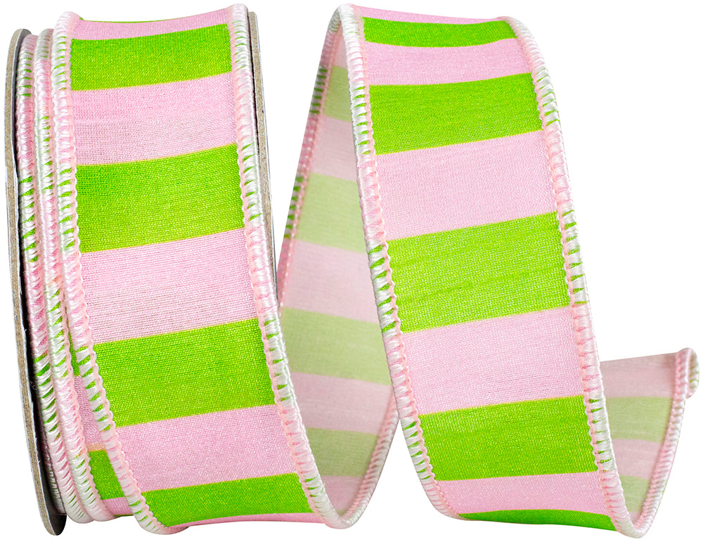 Pink Lime 1-1 2 Inch Cabana Striped Dupioni Deluxe Wired Edge Ribbon for Wreaths & Bows