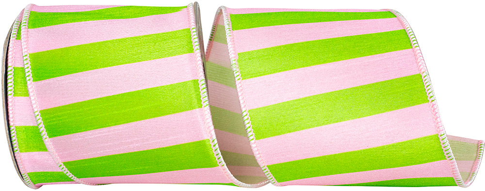 Pink Lime 4 Inch Cabana Striped Dupioni Deluxe Wired Edge Ribbon for Wreaths & Bows