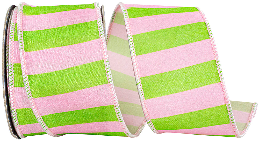 Pink Lime 2-1 2 Inch Cabana Striped Dupioni Deluxe Wired Edge Ribbon for Wreaths & Bows