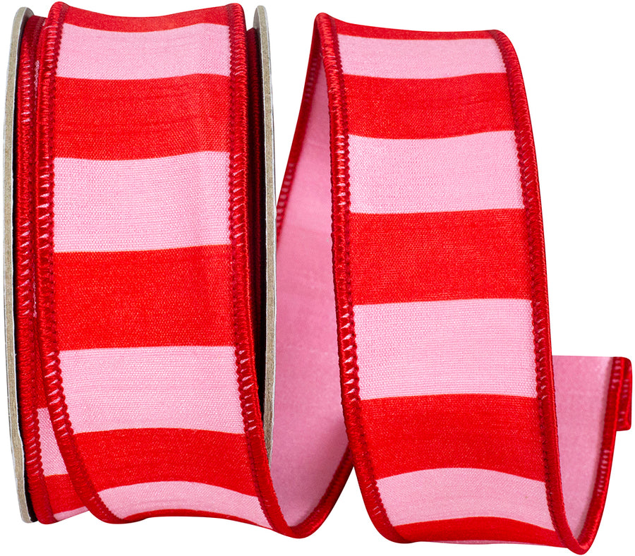 Pink Red 1-1 2 Inch Cabana Striped Dupioni Deluxe Wired Edge Ribbon for Wreaths & Bows