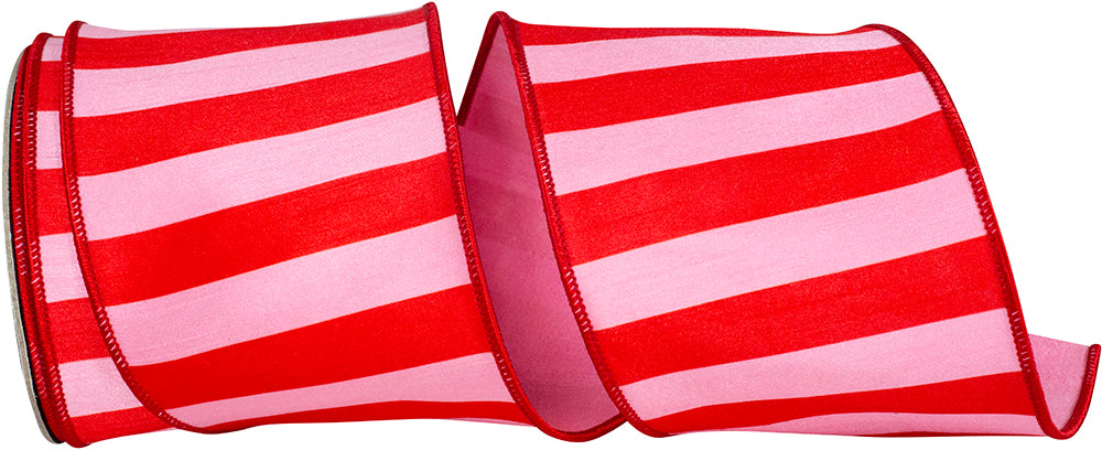 Pink Red 4 Inch Cabana Striped Dupioni Deluxe Wired Edge Ribbon for Wreaths & Bows