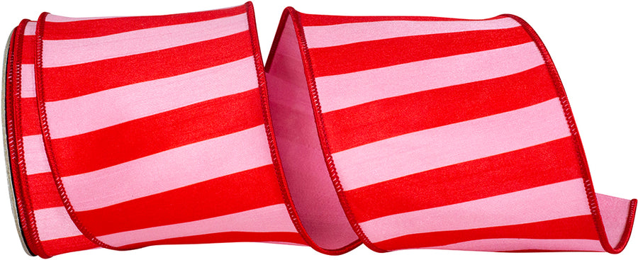 Pink Red 4 Inch Cabana Striped Dupioni Deluxe Wired Edge Ribbon for Wreaths & Bows