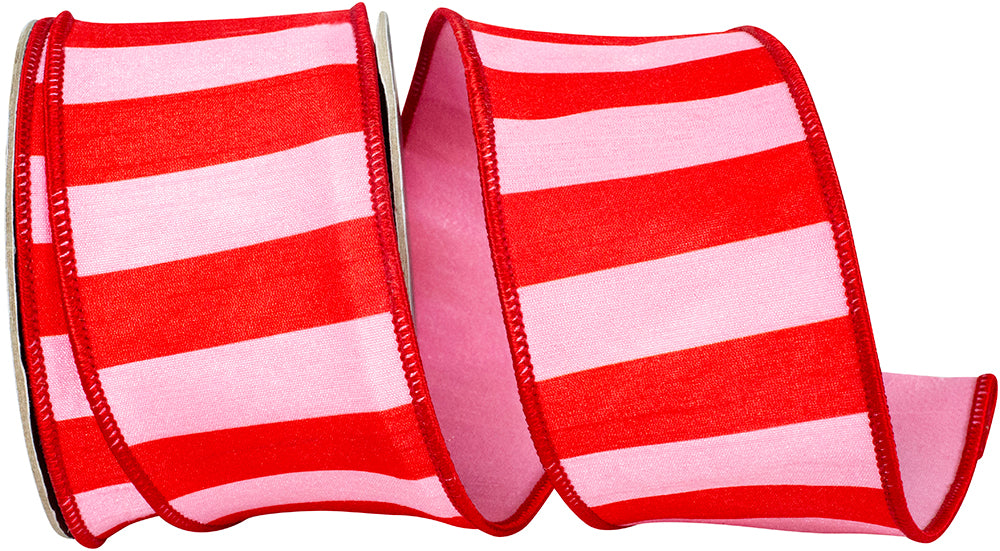 Pink Red 2-1 2 Inch Cabana Striped Dupioni Deluxe Wired Edge Ribbon for Wreaths & Bows