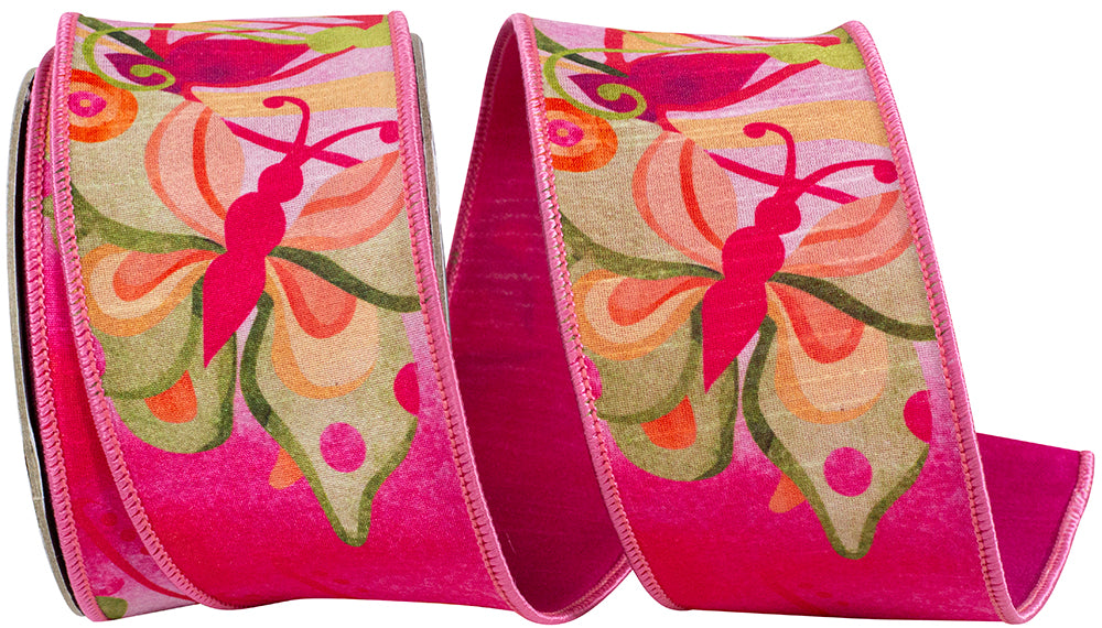 Fuchsia 2-1 2 Inch Butterfly Colors Bright Deluxe Dupioni Backed Wired Edge Ribbon for Wreaths & Bows