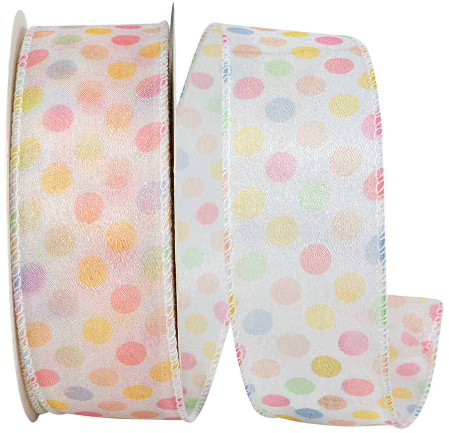 Pink 1-1 2 Inch Multi Color Pastel Dot Sheer Wired Edge Ribbon for Wreaths & Bows