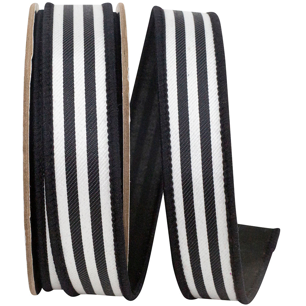 Black 1 Inch Striped Twill Deluxe Dupioni Backed Wired Edge Ribbon for Wreaths & Bows