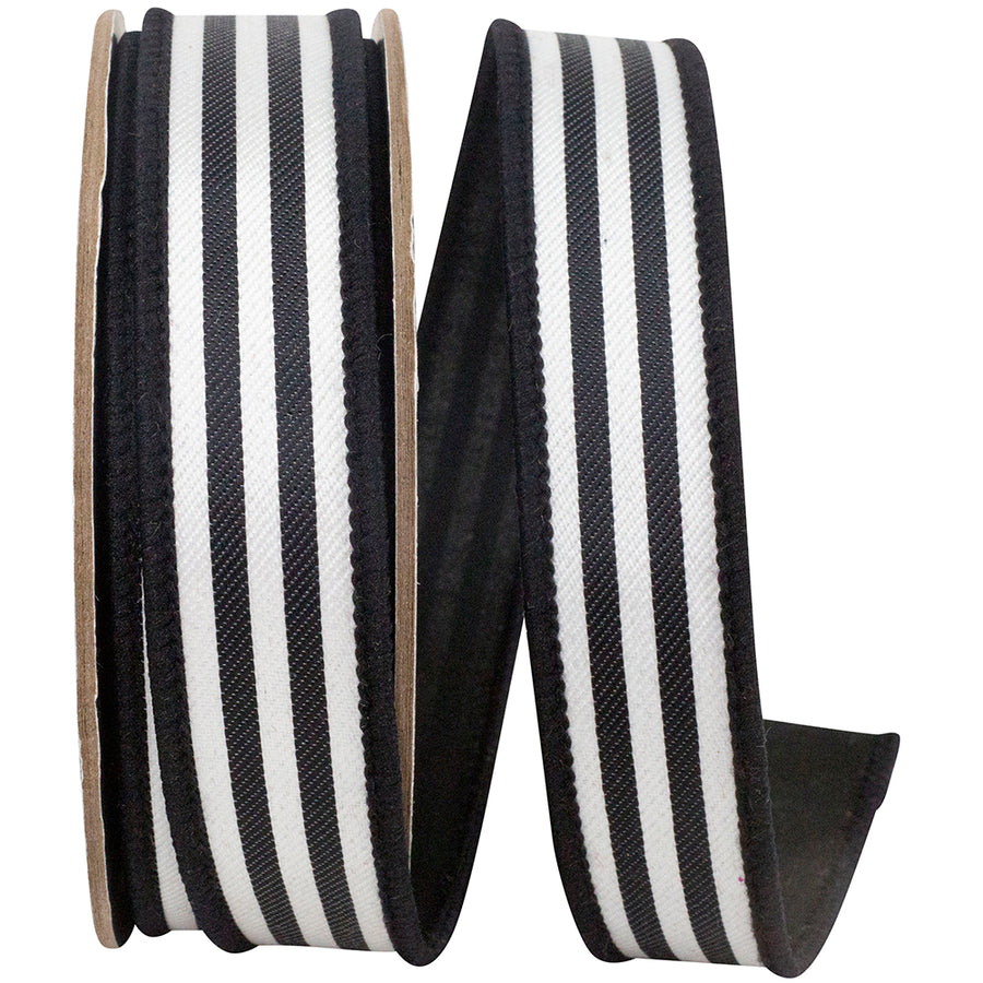 Black 1 Inch Striped Twill Deluxe Dupioni Backed Wired Edge Ribbon for Wreaths & Bows