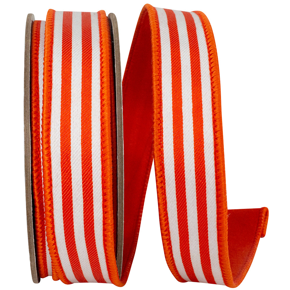Orange 1 Inch Striped Twill Deluxe Dupioni Backed Wired Edge Ribbon for Wreaths & Bows