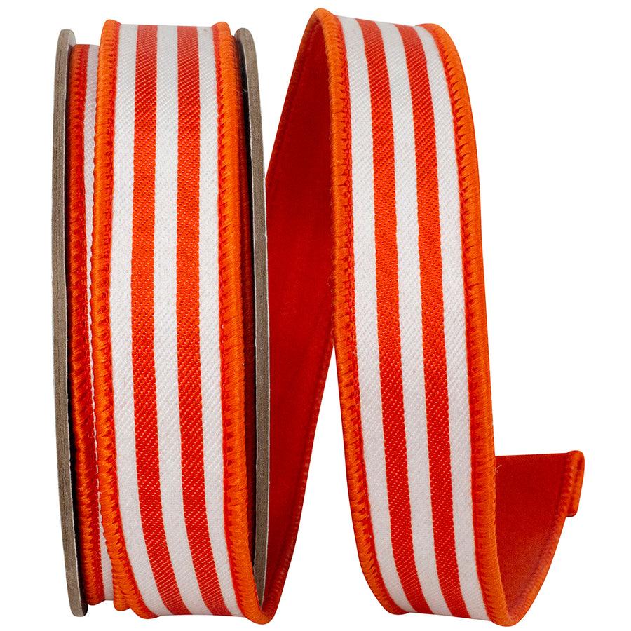 Orange 1 Inch Striped Twill Deluxe Dupioni Backed Wired Edge Ribbon for Wreaths & Bows