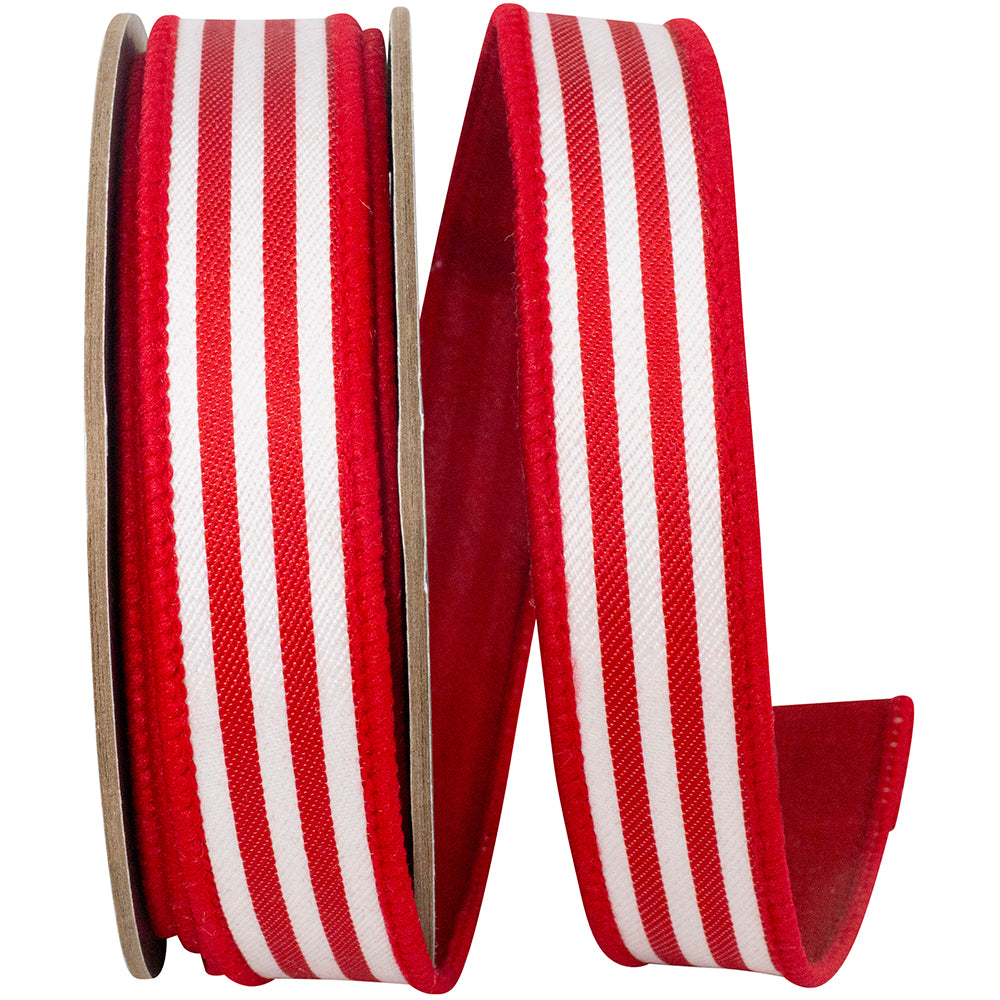 Red 1 Inch Striped Twill Deluxe Dupioni Backed Wired Edge Ribbon for Wreaths & Bows