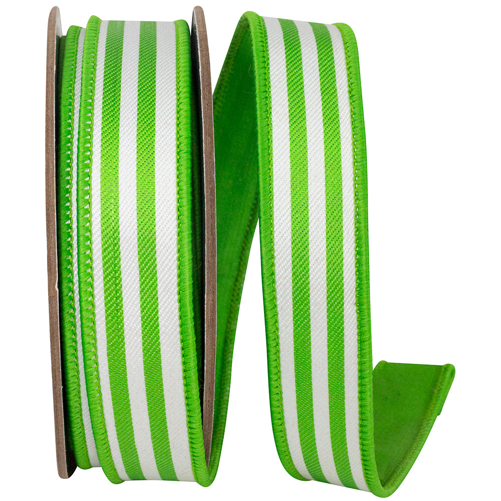 Lime 1 Inch Striped Twill Deluxe Dupioni Backed Wired Edge Ribbon for Wreaths & Bows