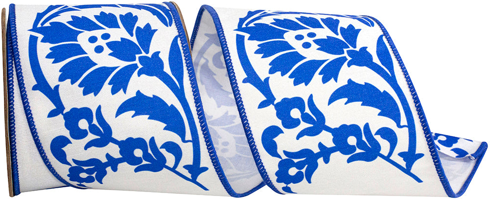 4 Inch Royal White Mantra Floral Chinoiserie Ribbon