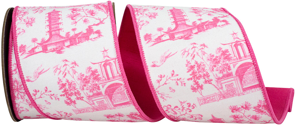Pink 4 Inch Asian Vista Chinoiserie Deluxe Wired Edge Ribbon for Wreaths & Bows