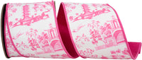 Pink 4 Inch Asian Vista Chinoiserie Deluxe Wired Edge Ribbon for Wreaths & Bows