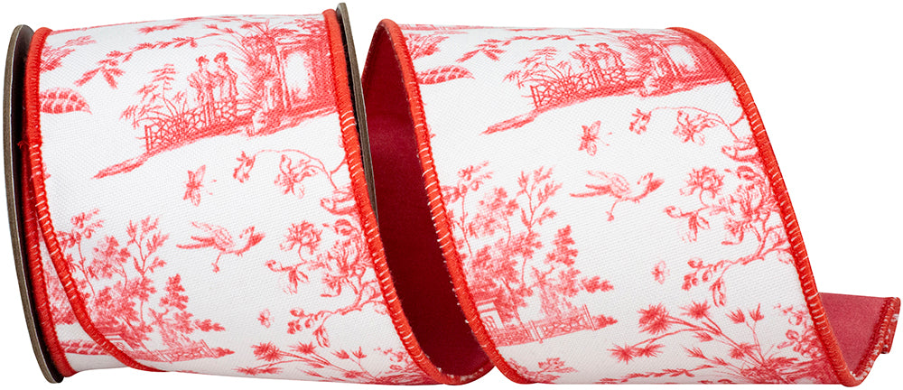 Coral 4 Inch Asian Vista Chinoiserie Deluxe Wired Edge Ribbon for Wreaths & Bows