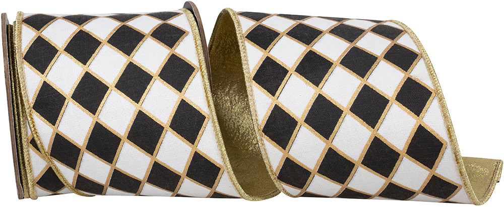 4 Inch Black White Metallic Outline Wired Edge Ribbon
