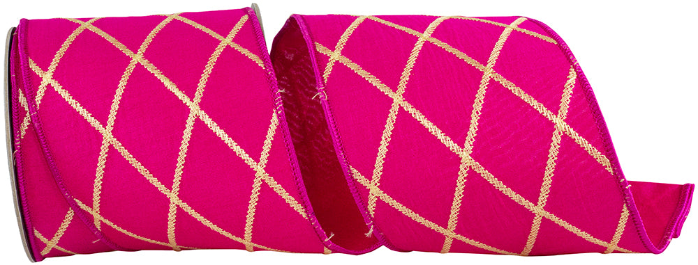 4 Inch Diamond Fuchsia Embroidery Dupioni Deluxe Wired Edge Ribbon for Wreaths & Bows