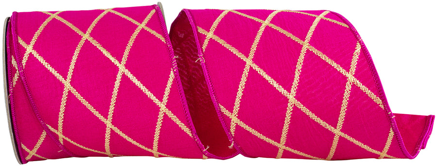 4 Inch Diamond Fuchsia Embroidery Dupioni Deluxe Wired Edge Ribbon for Wreaths & Bows